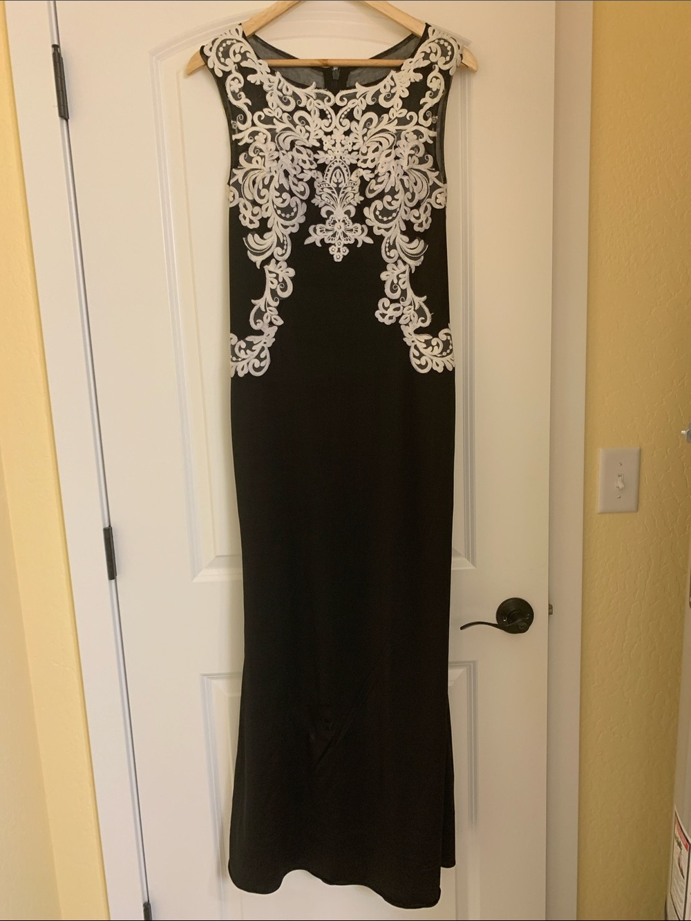 JJs House Black Maxi Dress with White Lace Appliqué